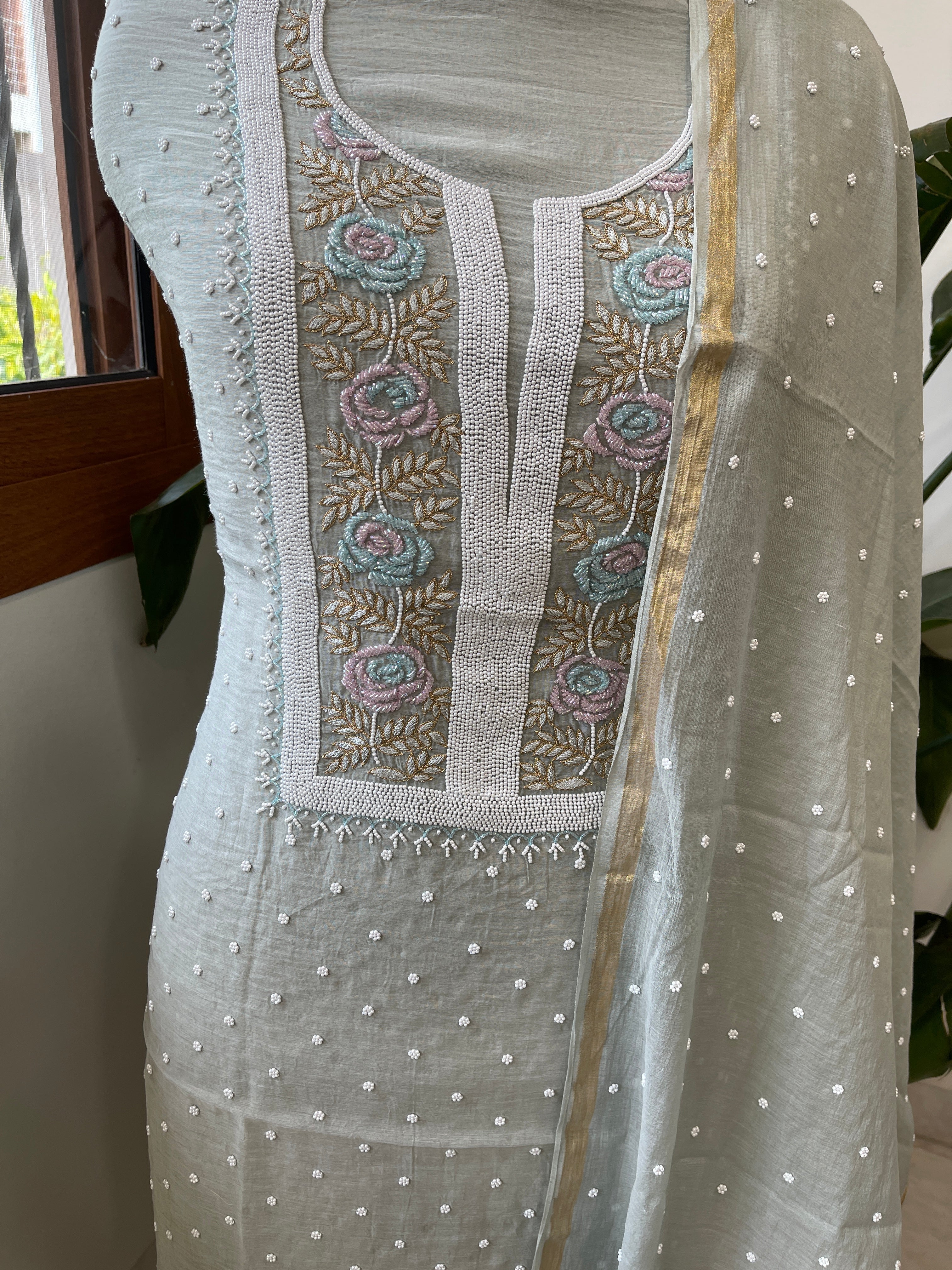 Greenish Grey Suit Set with Pearl, Cut Daana and Thread Handwork in Pure Mul Chanderi - Masakalee