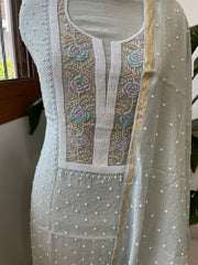 Greenish Grey Suit Set with Pearl, Cut Daana and Thread Handwork in Pure Mul Chanderi - Masakalee