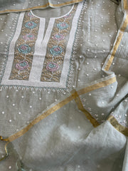 Greenish Grey Suit Set with Pearl, Cut Daana and Thread Handwork in Pure Mul Chanderi - Masakalee