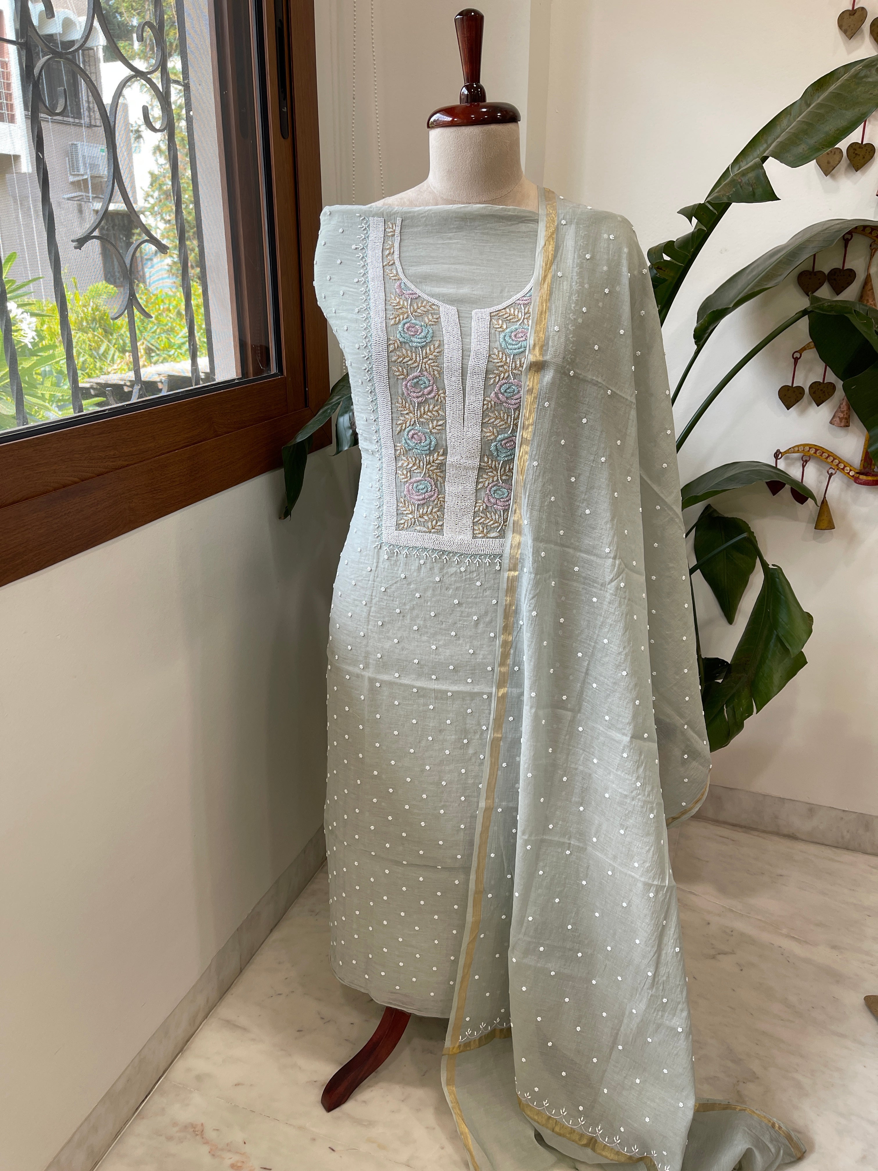 Greenish Grey Suit Set with Pearl, Cut Daana and Thread Handwork in Pure Mul Chanderi - Masakalee