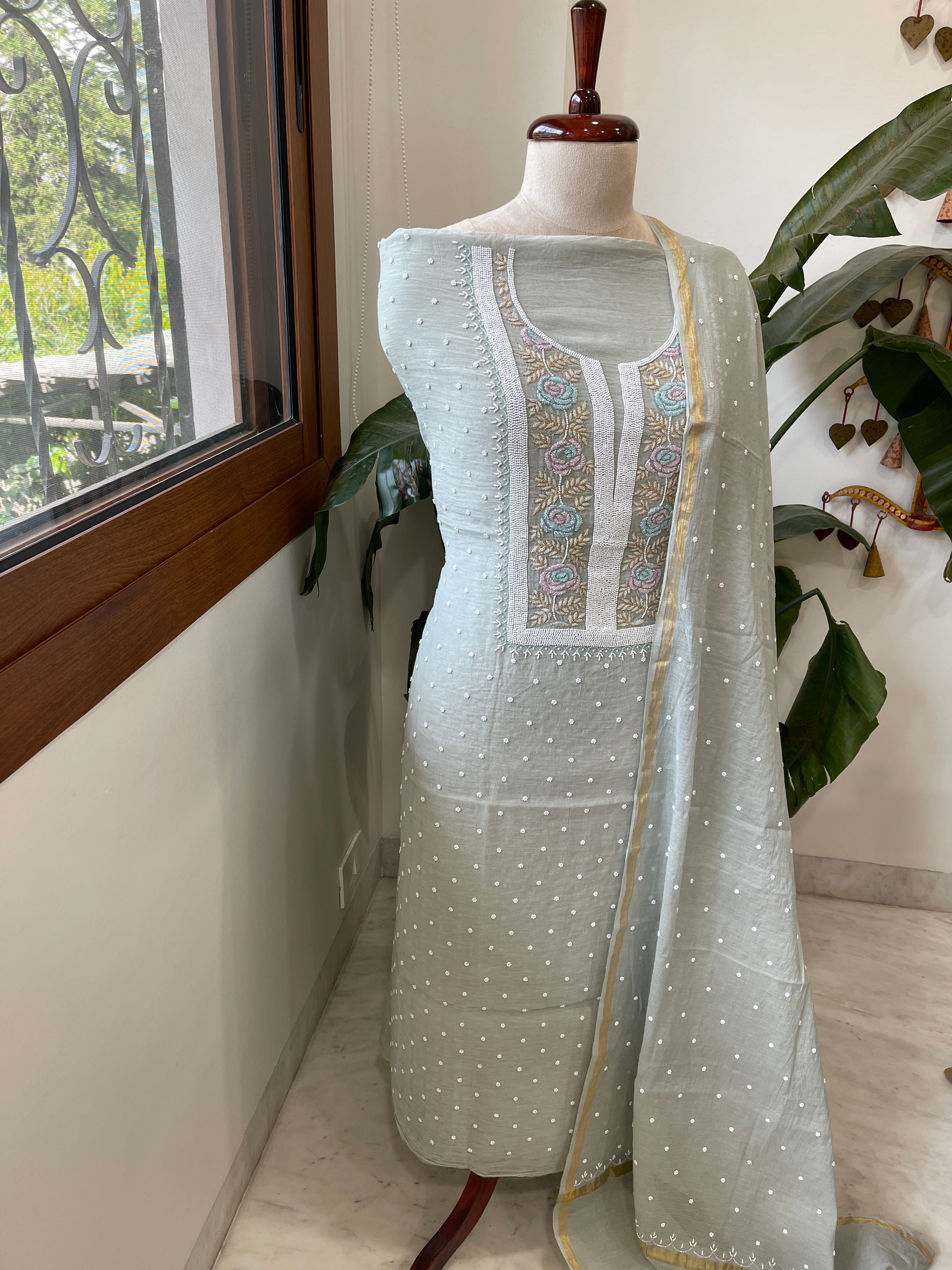 Greenish Grey Suit Set with Pearl, Cut Daana and Thread Handwork in Pure Mul Chanderi - Masakalee