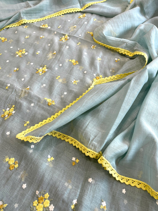 Greenish Grey Suit Set with Thread Embroidery in Pure Mul - Masakalee