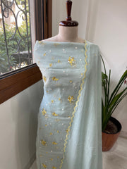 Greenish Grey Suit Set with Thread Embroidery in Pure Mul - Masakalee
