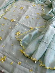 Greenish Grey Suit Set with Thread Embroidery in Pure Mul - Masakalee