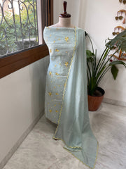 Greenish Grey Suit Set with Thread Embroidery in Pure Mul - Masakalee