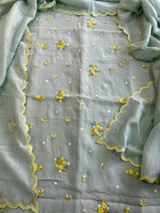 Greenish Grey Suit Set with Thread Embroidery in Pure Mul - Masakalee