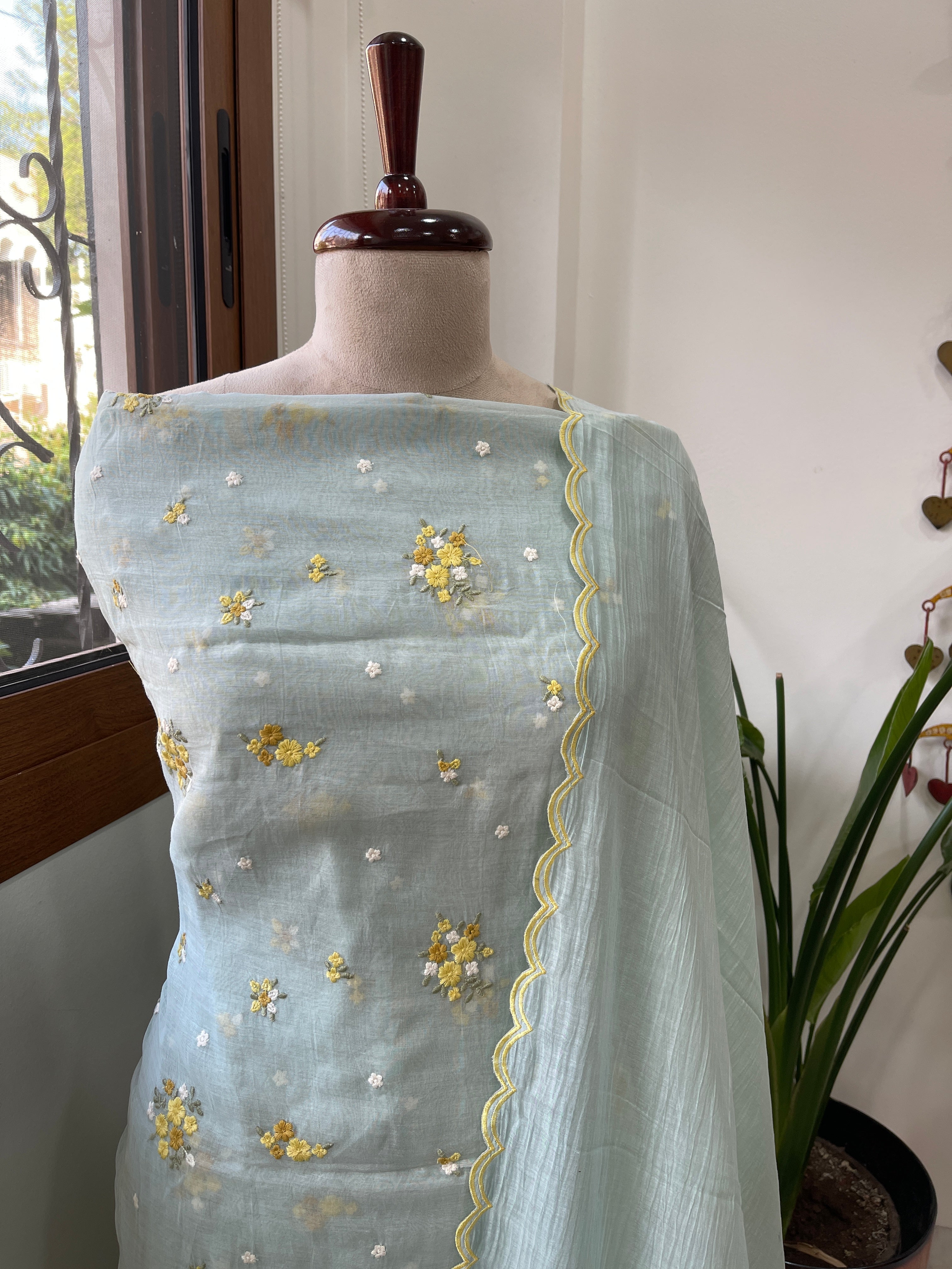 Greenish Grey Suit Set with Thread Embroidery in Pure Mul - Masakalee