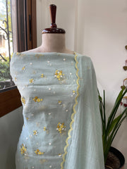 Greenish Grey Suit Set with Thread Embroidery in Pure Mul - Masakalee