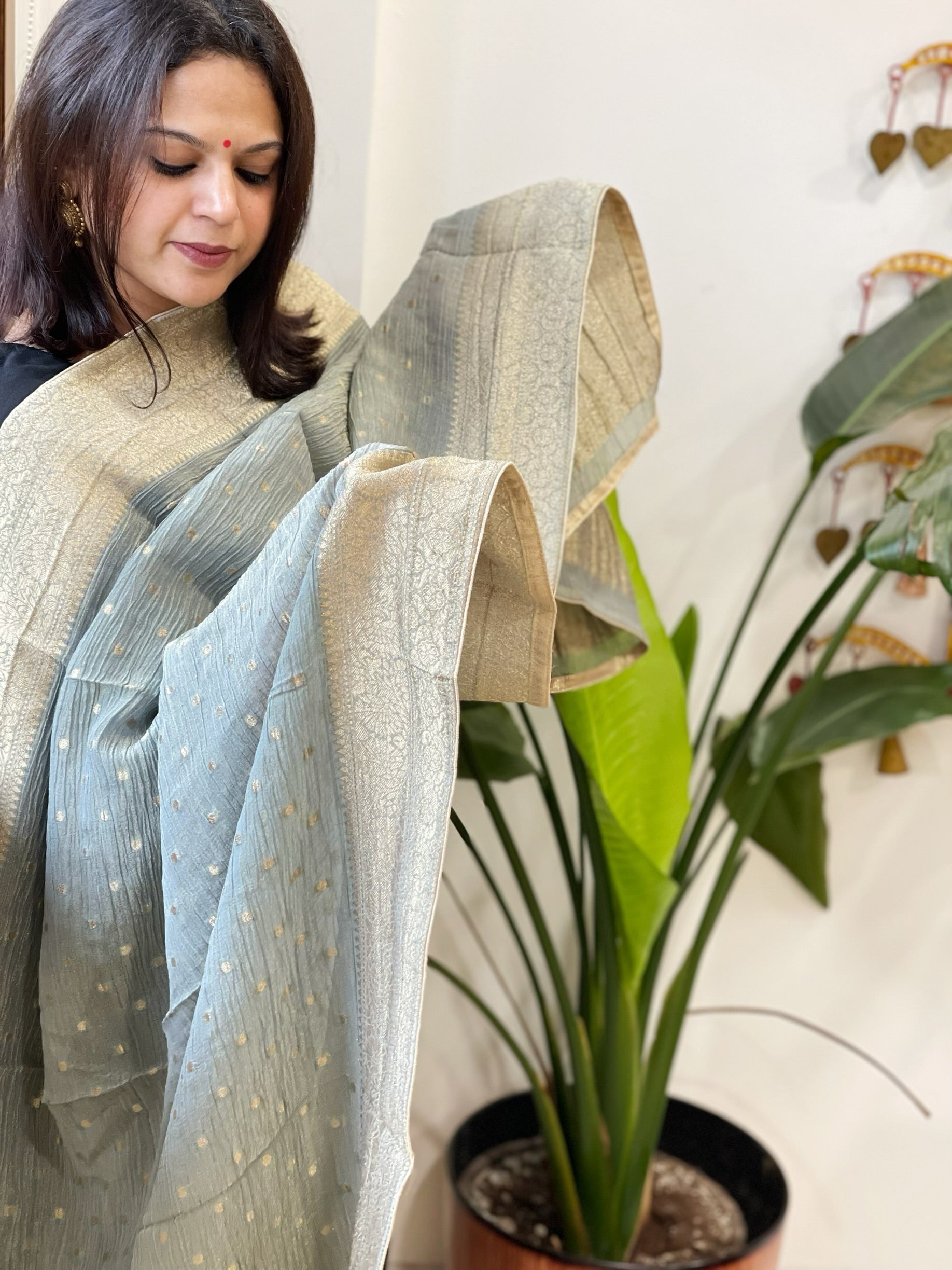 Greenish Grey Woven Banarasi Dupatta in Tissue - Masakalee