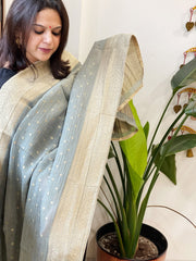 Greenish Grey Woven Banarasi Dupatta in Tissue - Masakalee