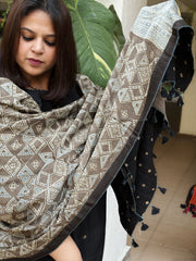 Grey Ajrakh Handblock Printed Silk - Woollen Shawl - Masakalee