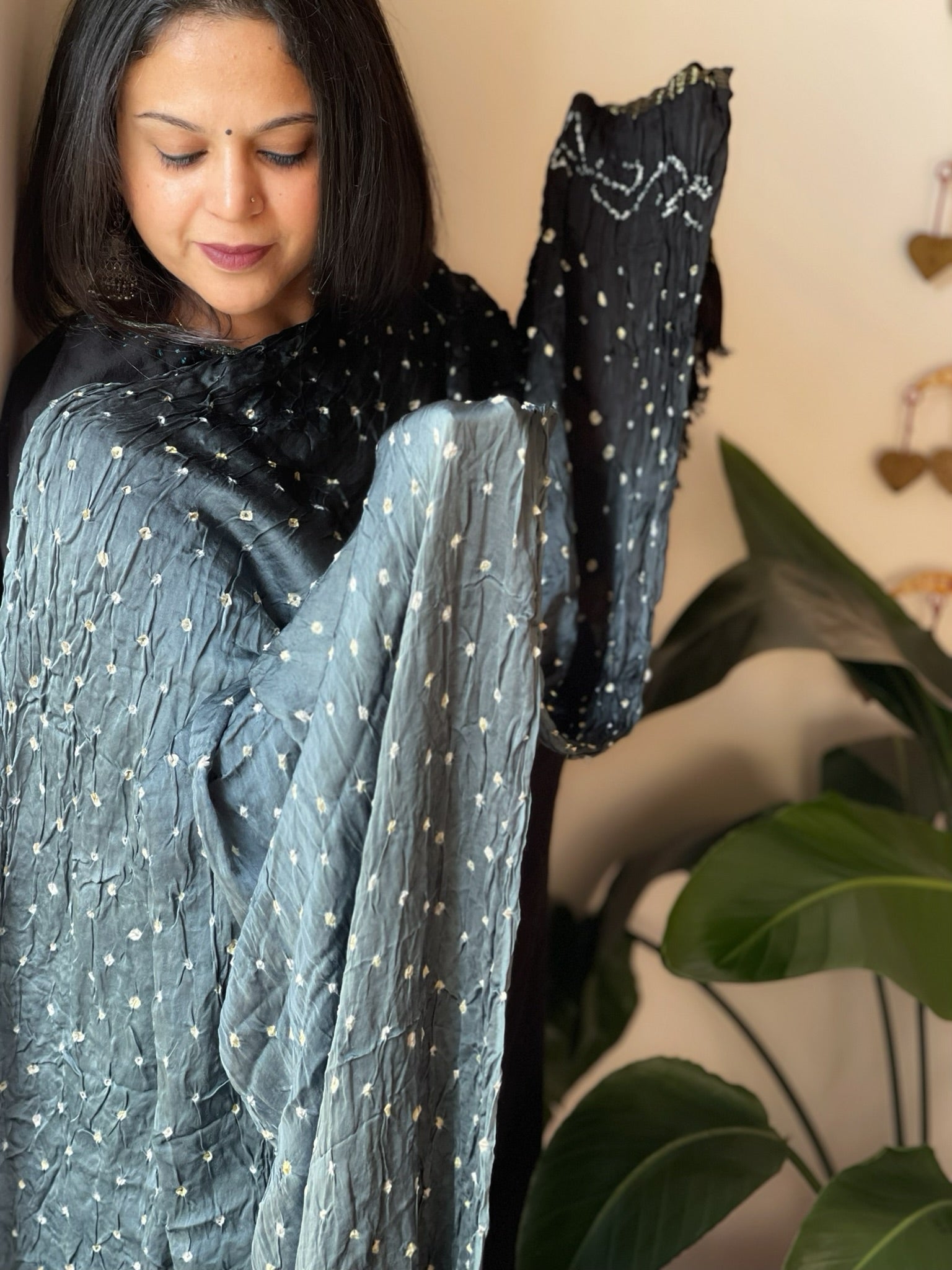 Grey, Black Bandhani Dupatta with Zari Pallu in Modal Silk - Masakalee