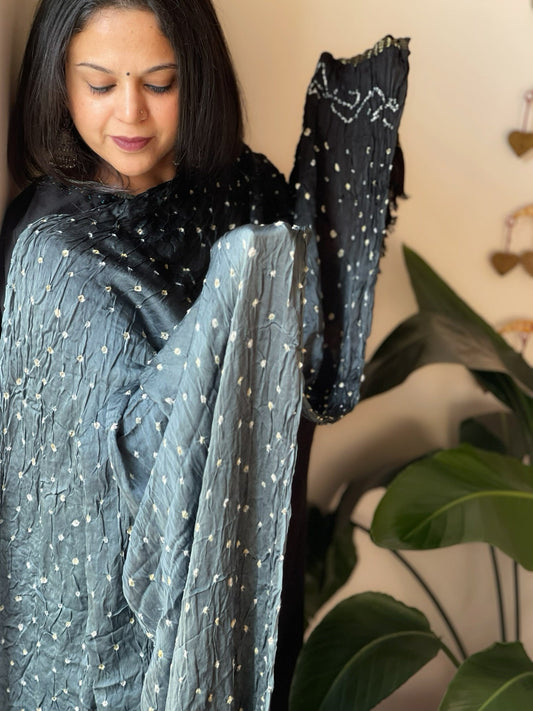 Grey, Black Bandhani Dupatta with Zari Pallu in Modal Silk - Masakalee