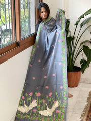 Grey Handmade Kantha Dupatta in Pure Cotton - Masakalee