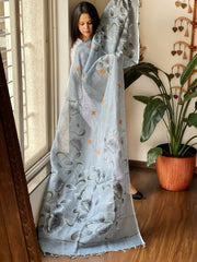 Grey Handpainted Dupatta with Kantha Stitch Handwork in Linen - Masakalee