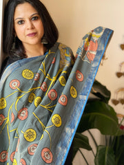 Grey Handpainted Kalamkari Dupatta in Cotton - Masakalee