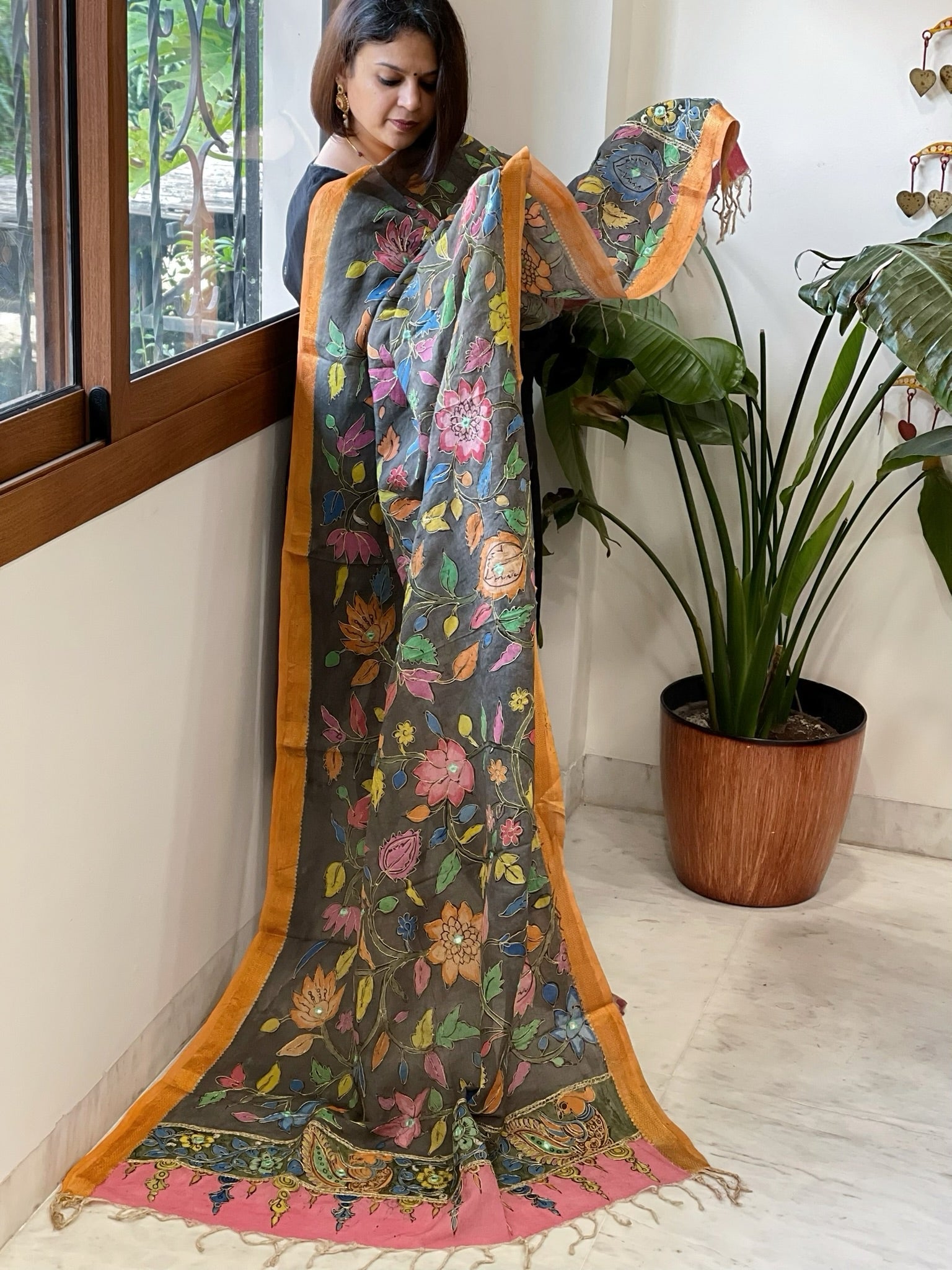 Grey Handpainted Kalamkari Dupatta with Thread & Mirror Handwork in Chanderi Silk - Masakalee