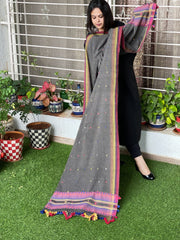 Grey Handwoven Bhujodi Dupatta with Mirror Handwork in Kala Cotton - Masakalee