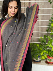 Grey Handwoven Bhujodi Dupatta with Mirror Handwork in Kala Cotton - Masakalee