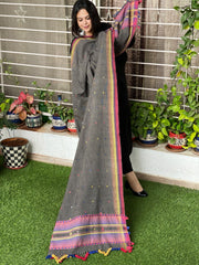 Grey Handwoven Bhujodi Dupatta with Mirror Handwork in Kala Cotton - Masakalee