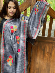 Grey Kashmiri Aari Embroidered Dupatta in Geecha Silk - Masakalee