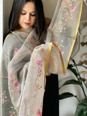 Grey Kota Organza Dupatta with cross - stitch Jaal embroidery - Masakalee