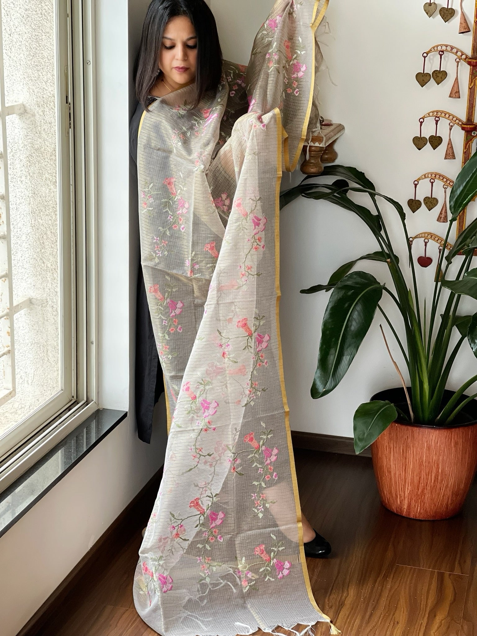 Grey Kota Organza Dupatta with cross - stitch Jaal embroidery - Masakalee
