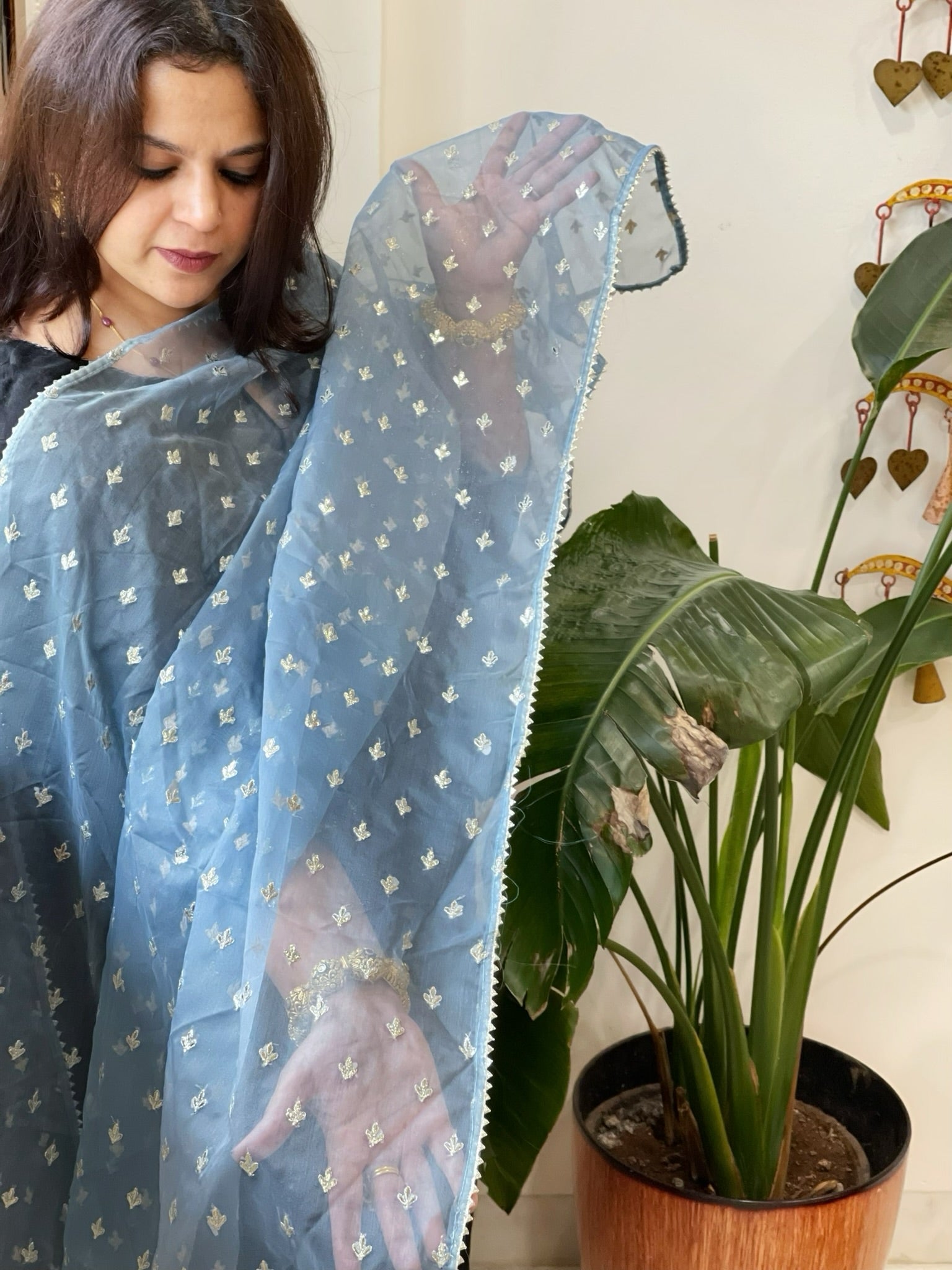 Grey Organza Dupatta with Pitta Work Butas and Gota Lace Border - Masakalee