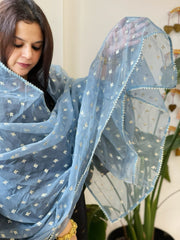 Grey Organza Dupatta with Pitta Work Butas and Gota Lace Border - Masakalee