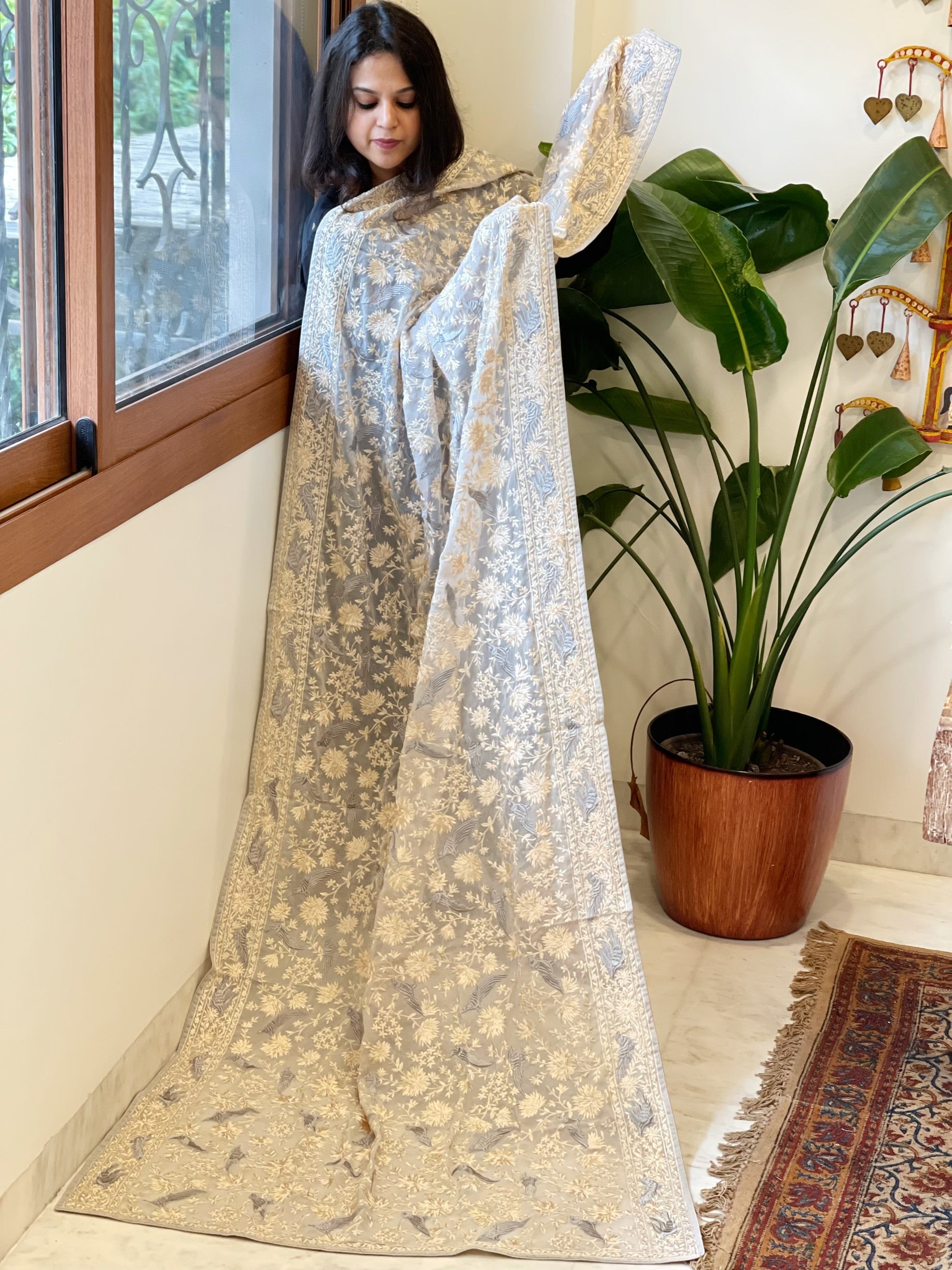 Grey Parsi Gara Embroidery Dupatta in Georgette - Masakalee