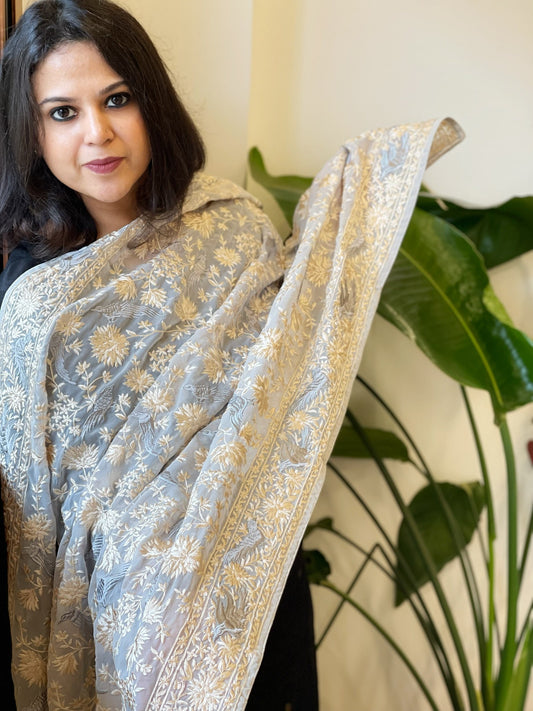 Grey Parsi Gara Embroidery Dupatta in Georgette - Masakalee
