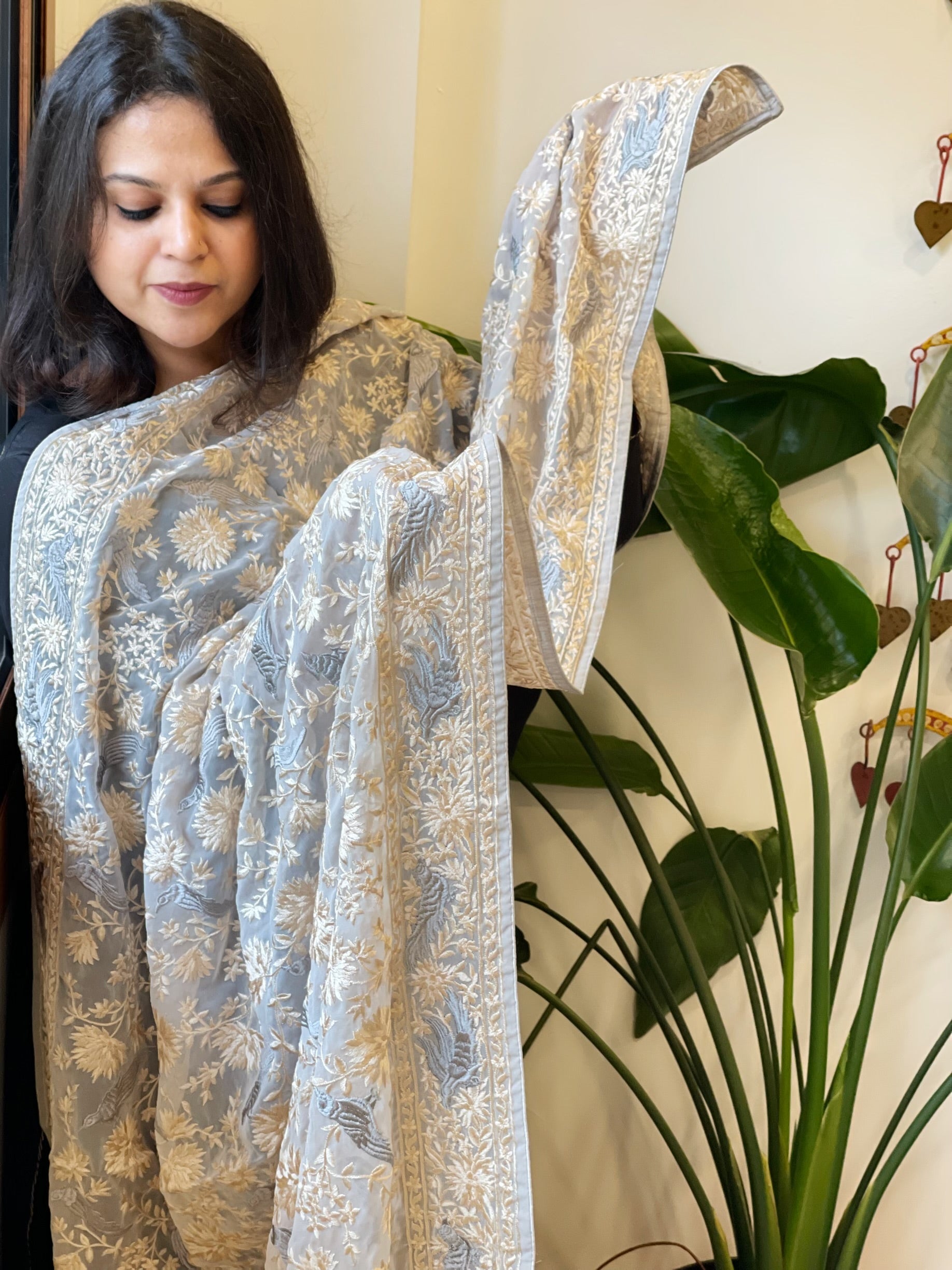 Grey Parsi Gara Embroidery Dupatta in Georgette - Masakalee