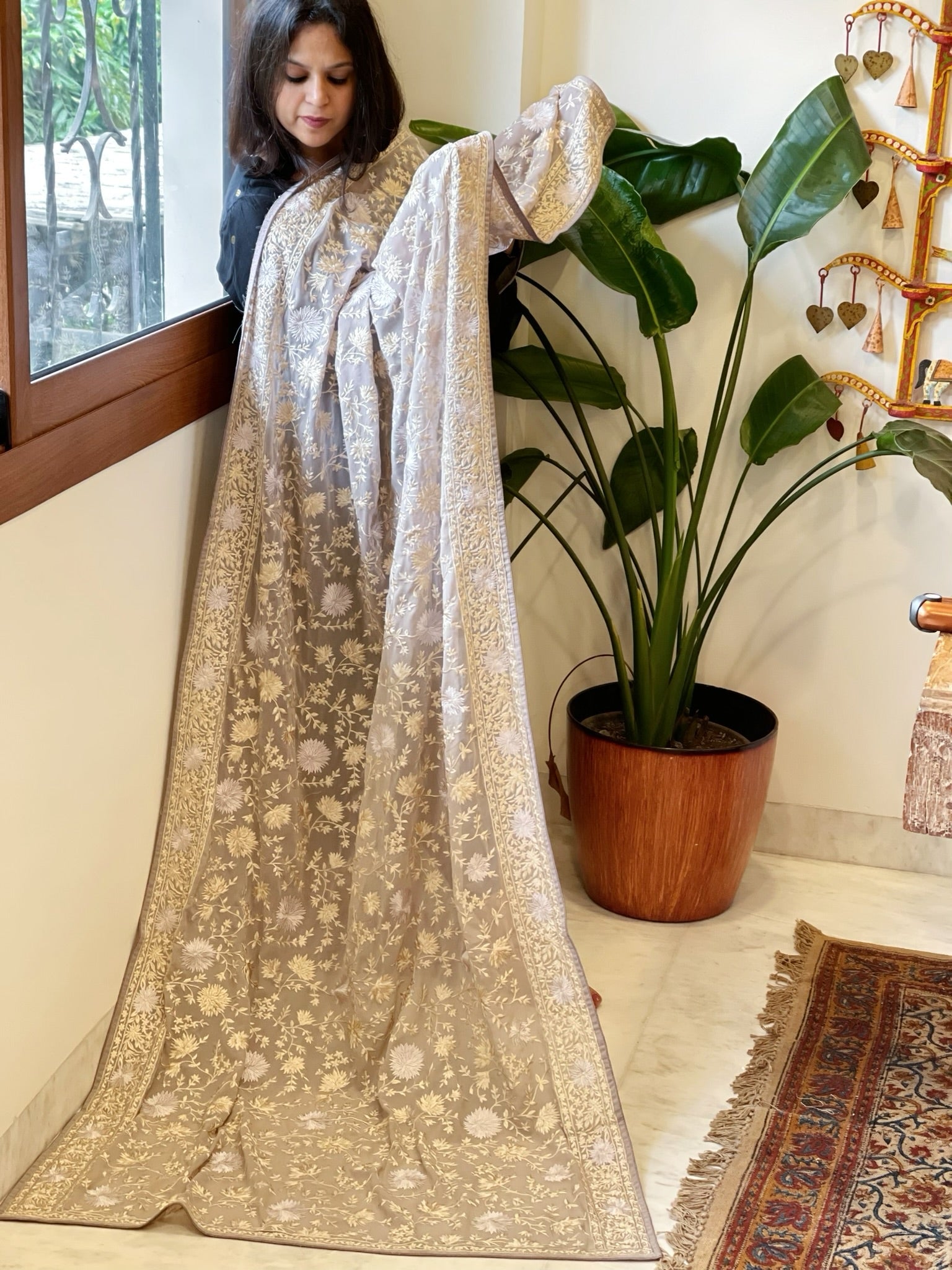 Grey Parsi Gara Embroidery Dupatta in Georgette - Masakalee