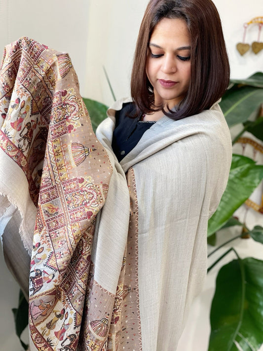 Grey Pashmina Shawl with Shehnai Baraat Kaani Pallu - Masakalee