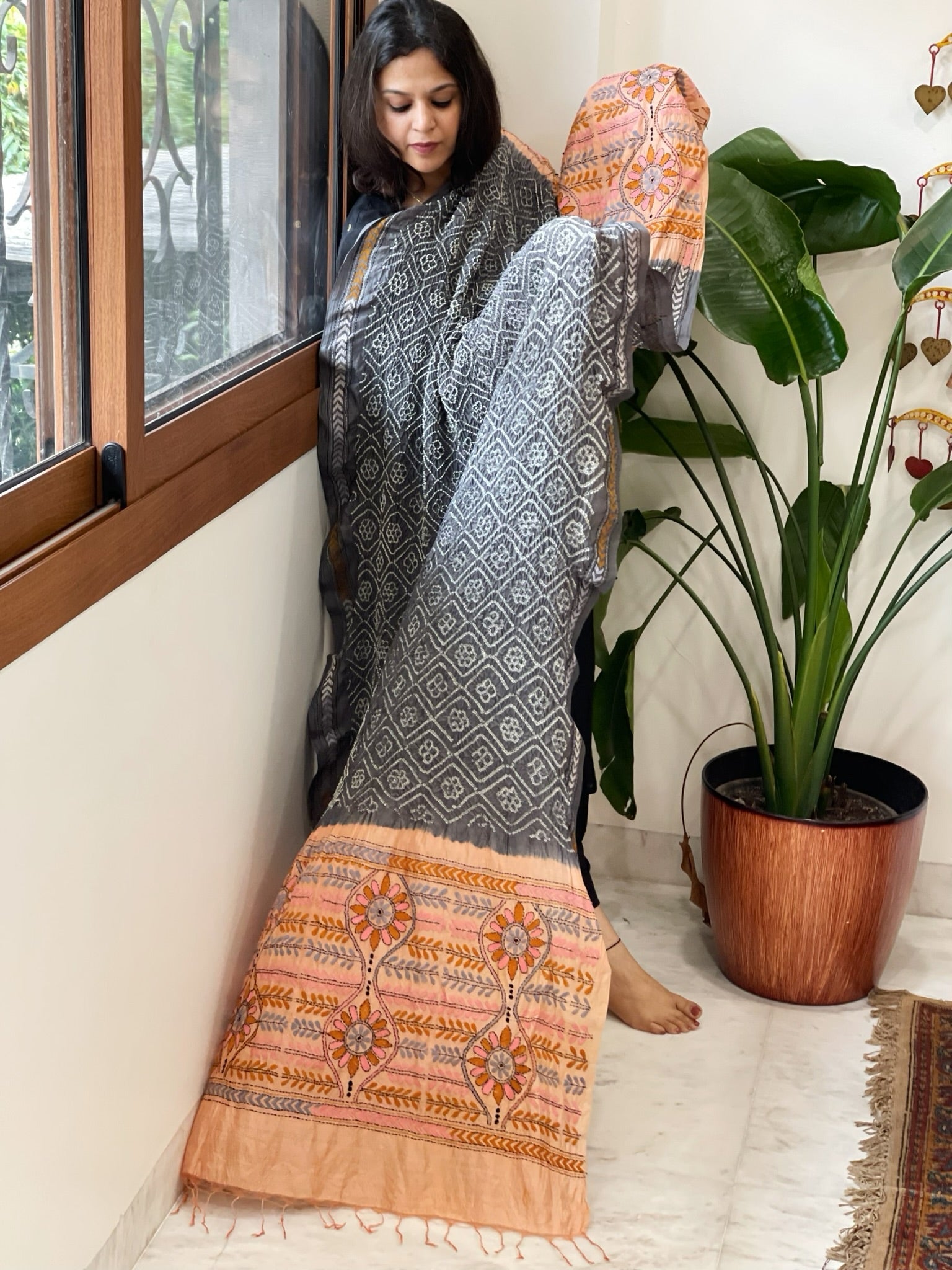 Grey Rai Bandhej Dupatta with Kantha Handwork in Pure Munga Tussar Silk - Masakalee