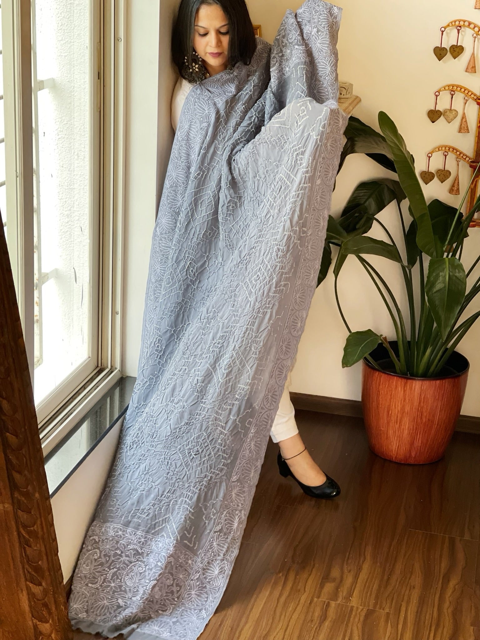 Grey Rai Bandhej Dupatta with Lucknowi Handwork in Pure Georgette - Masakalee