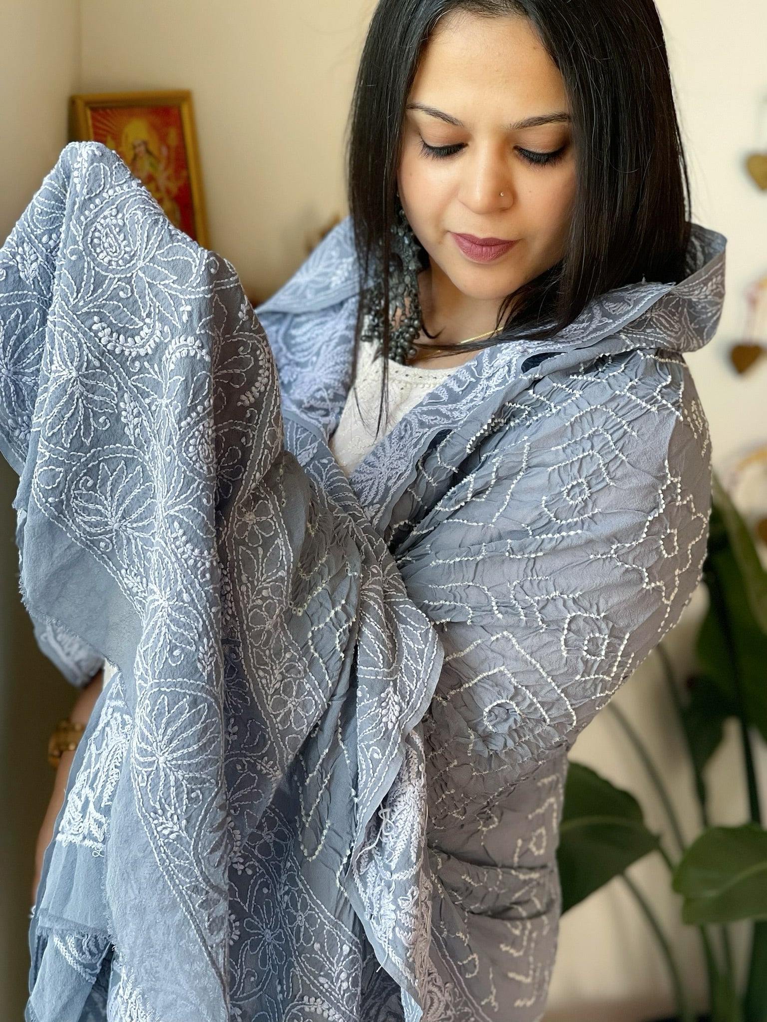 Grey Rai Bandhej Dupatta with Lucknowi Handwork in Pure Georgette - Masakalee