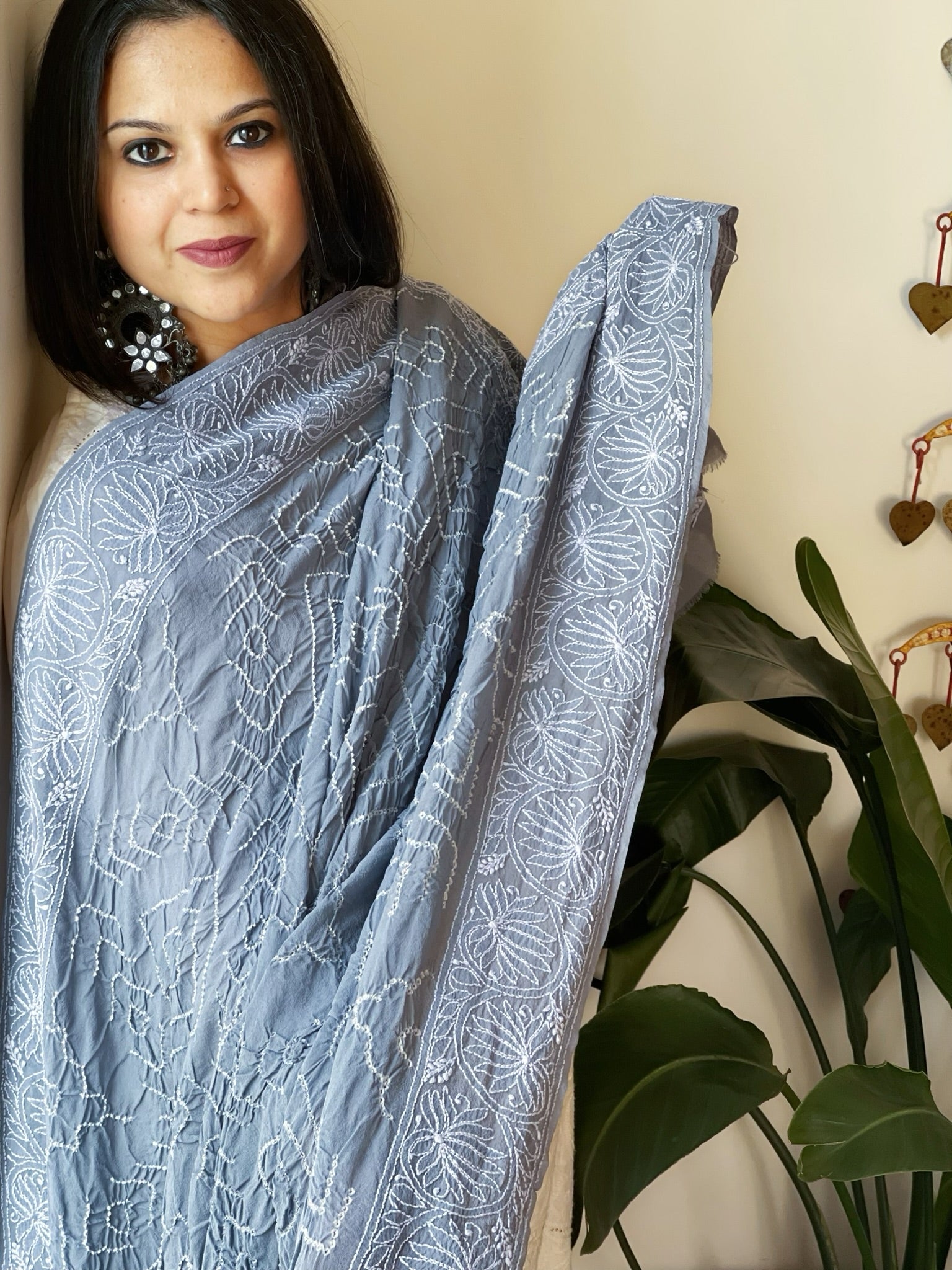 Grey Rai Bandhej Dupatta with Lucknowi Handwork in Pure Georgette - Masakalee