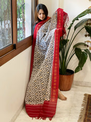 Grey, Red Handwoven Ikat Dupatta in Cotton - Masakalee