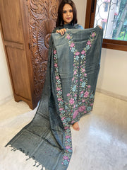 Grey Suit Set with Cross-Stitch Embroidery in Pure Tussar Silk - Masakalee