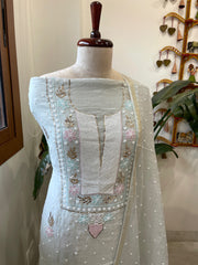 Grey Suit Set with Pearl, Cut Daana and Mukaish Handwork in Pure Mul Chanderi - Masakalee