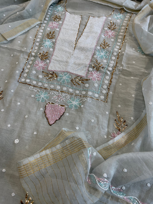 Grey Suit Set with Pearl, Cut Daana and Mukaish Handwork in Pure Mul Chanderi - Masakalee