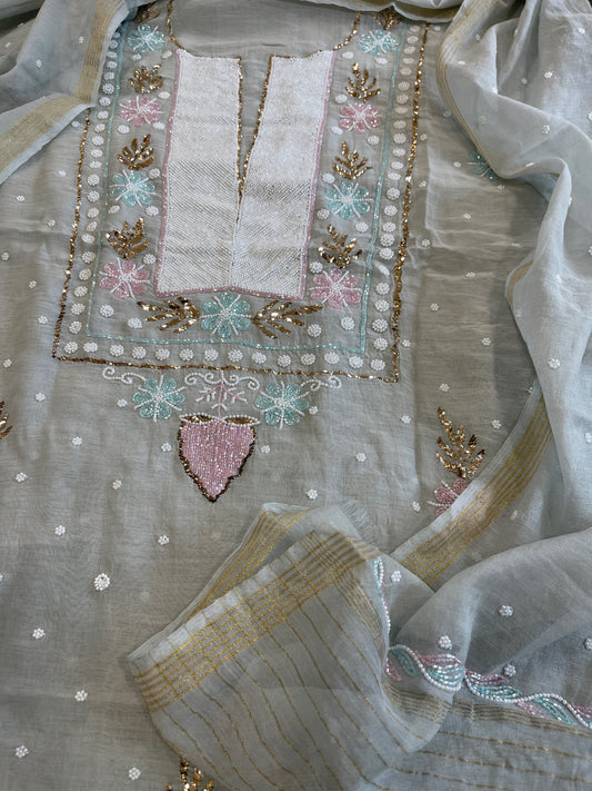 Grey Suit Set with Pearl, Cut Daana and Mukaish Handwork in Pure Mul Chanderi - Masakalee