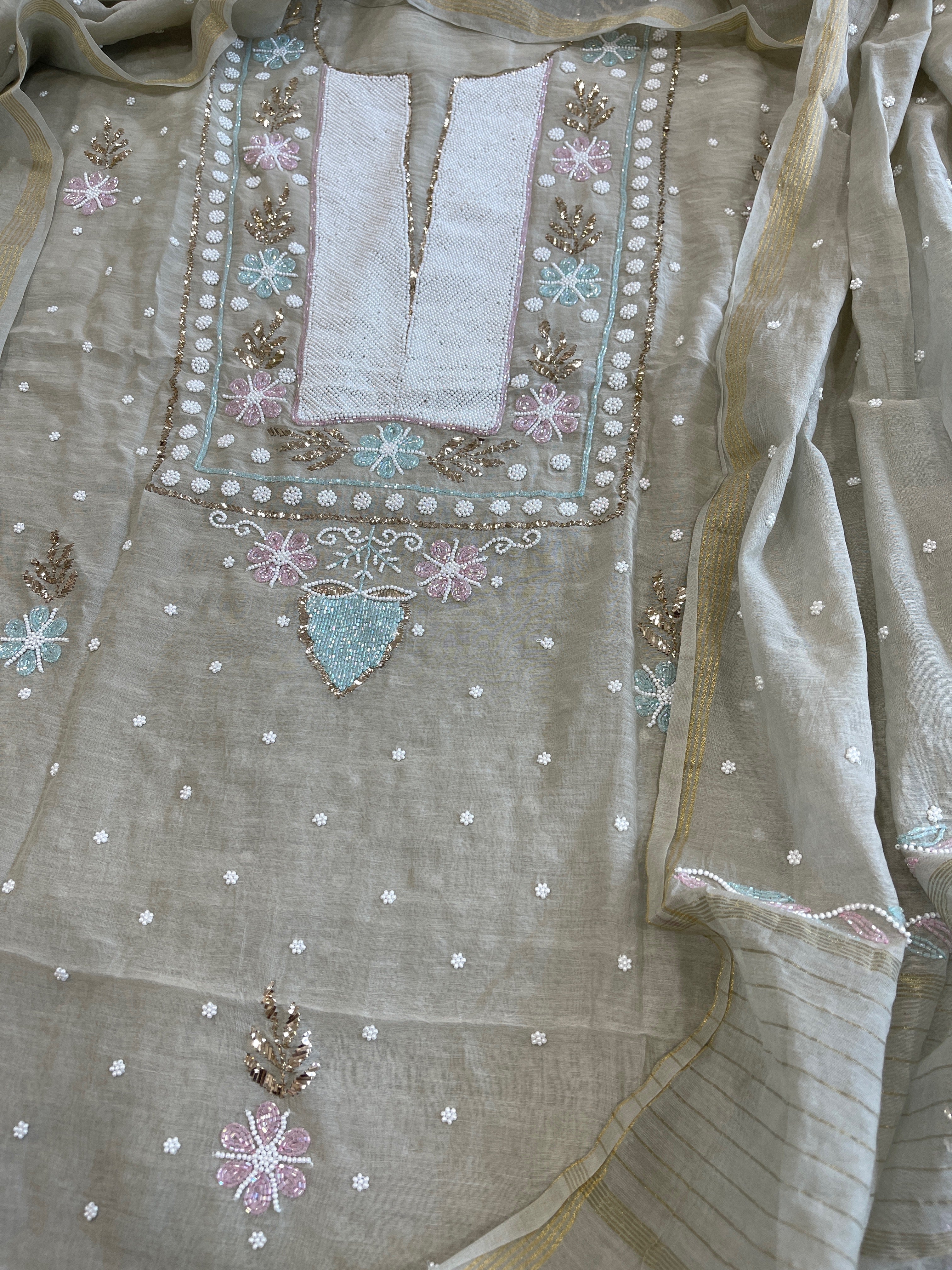 Grey Suit Set with Pearl, Cut Daana and Mukaish Handwork in Pure Mul Chanderi - Masakalee