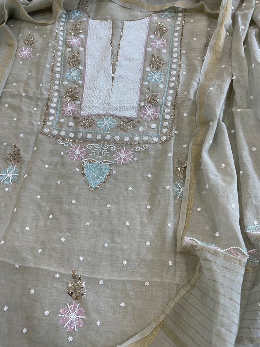Grey Suit Set with Pearl, Cut Daana and Mukaish Handwork in Pure Mul Chanderi - Masakalee