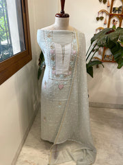 Grey Suit Set with Pearl, Cut Daana and Mukaish Handwork in Pure Mul Chanderi - Masakalee