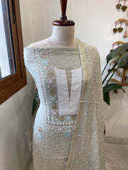 Grey Suit Set with Pearl, Cut Daana and Mukaish Handwork in Pure Mul Chanderi - Masakalee
