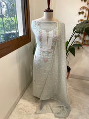 Grey Suit Set with Pearl, Cut Daana and Mukaish Handwork in Pure Mul Chanderi - Masakalee