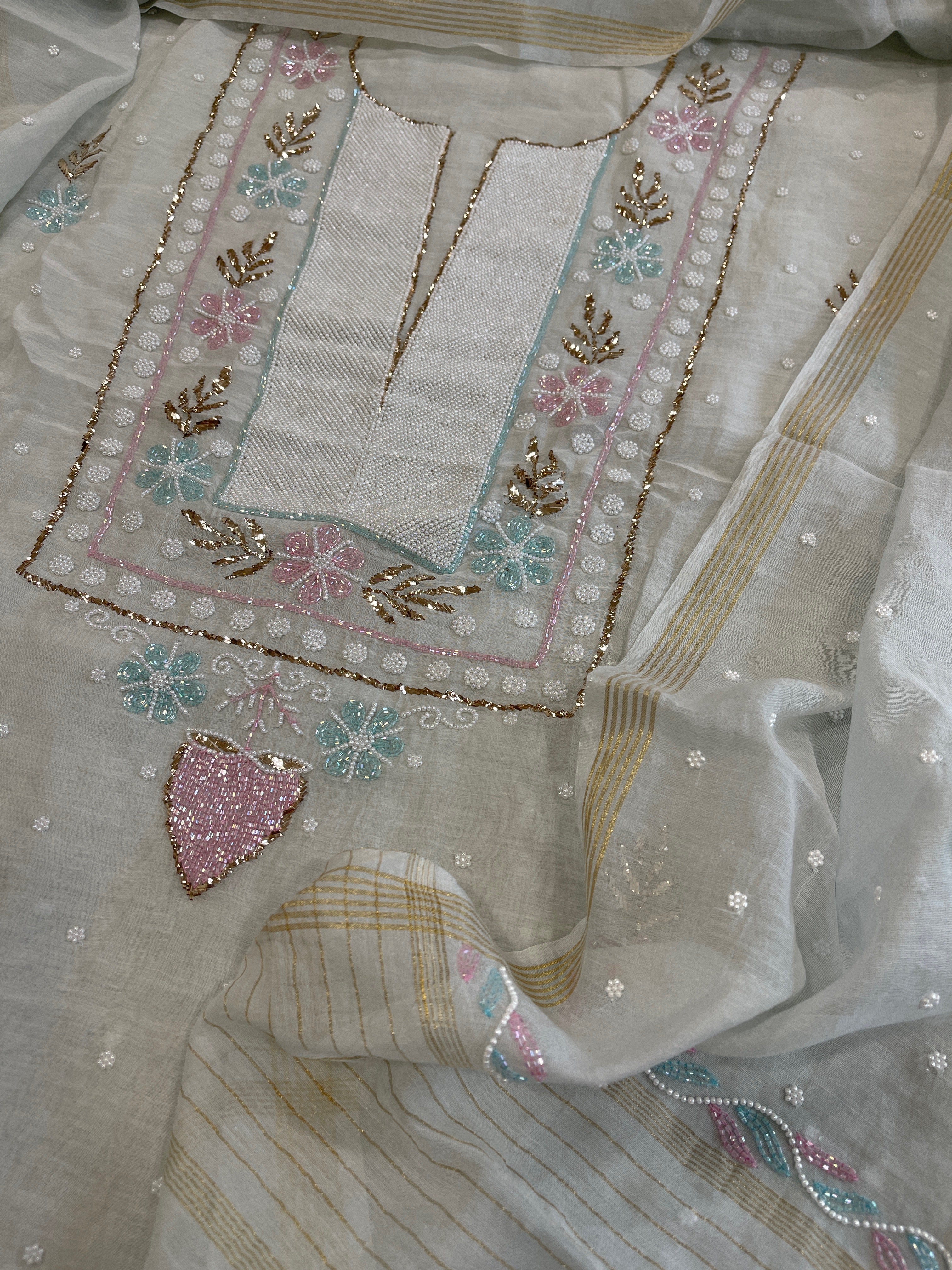 Grey Suit Set with Pearl, Cut Daana and Mukaish Handwork in Pure Mul Chanderi - Masakalee