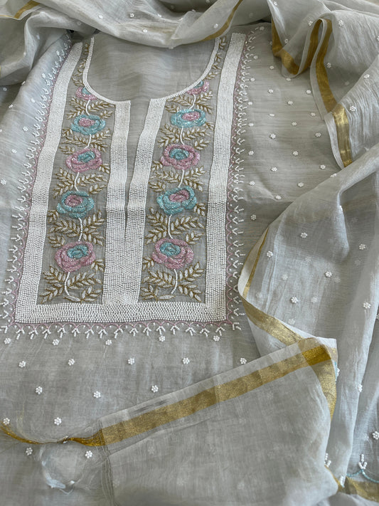 Grey Suit Set with Pearl, Cut Daana and Thread Handwork in Pure Mul Chanderi - Masakalee